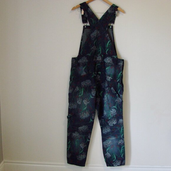 Denim Jean Overalls Japanese Floral Artsy Distressed Carpenter Loose Fit Large - Picture 13 of 16